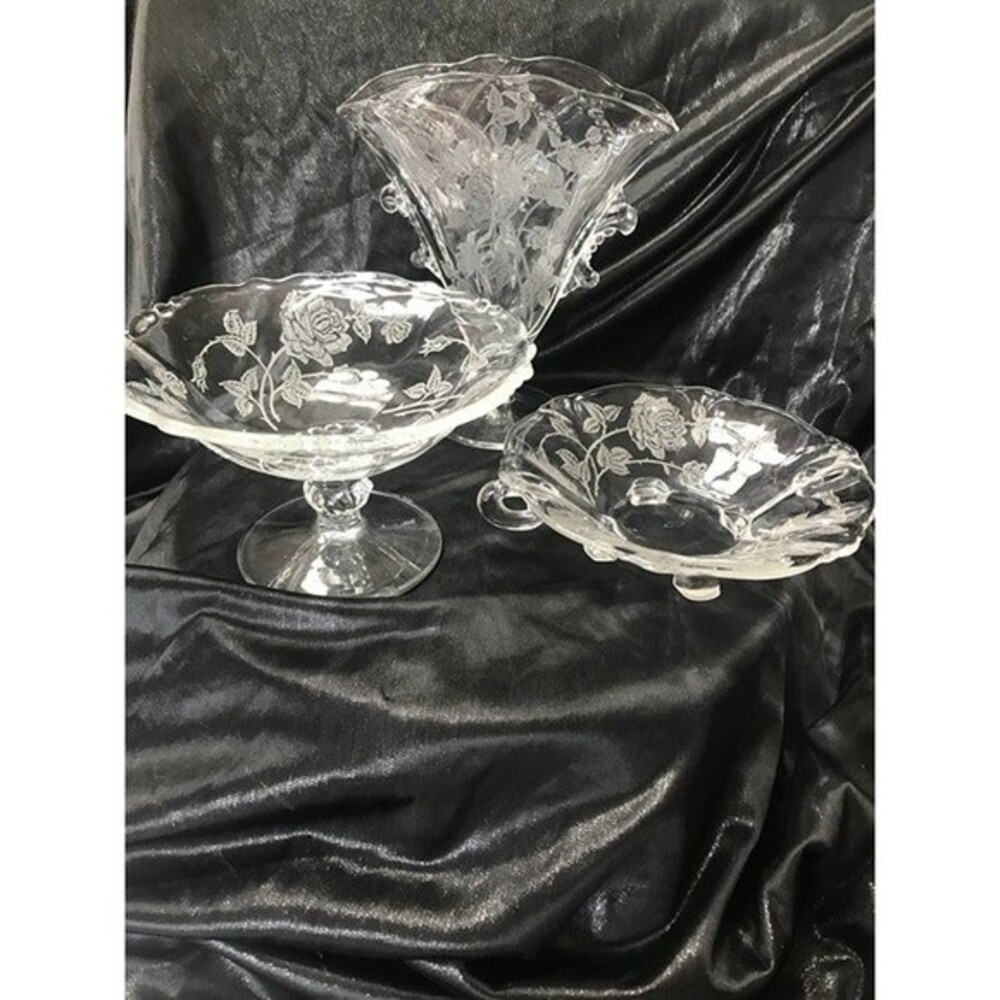 Vintage Heisy Rose patterned glass three piece set